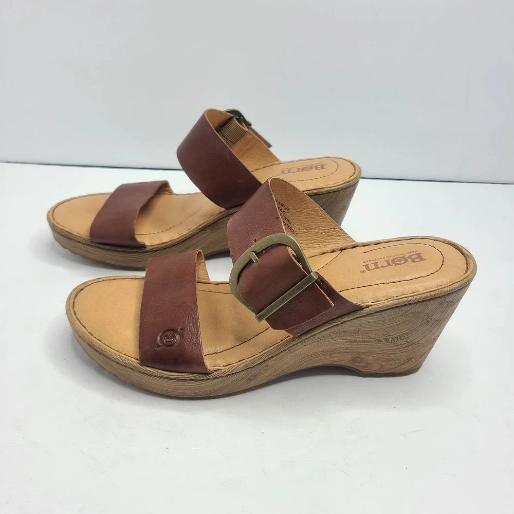 Born Emily Sandal‎ Women's US 8M Wedge Slide Heels Shoes Leather Buckle